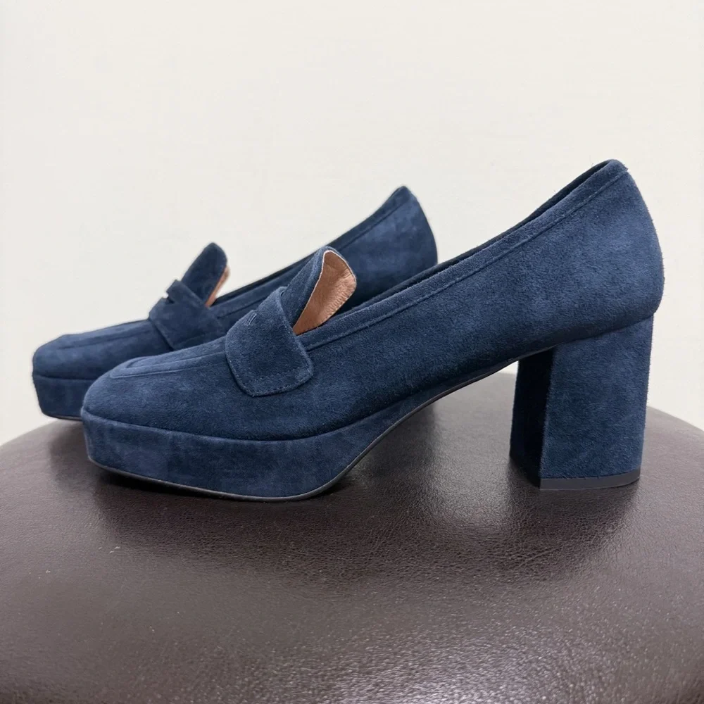 Bibi Lou Navy Blue Suede Leather Platform Block Heel Square Toe Loafers 41